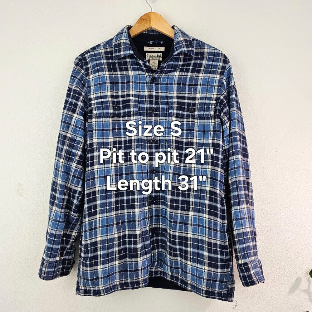 LL Bean Mens S Blue Plaid Fleece Lined Flannel Heavy Button Down Shirt Shacket - Picture 5 of 10